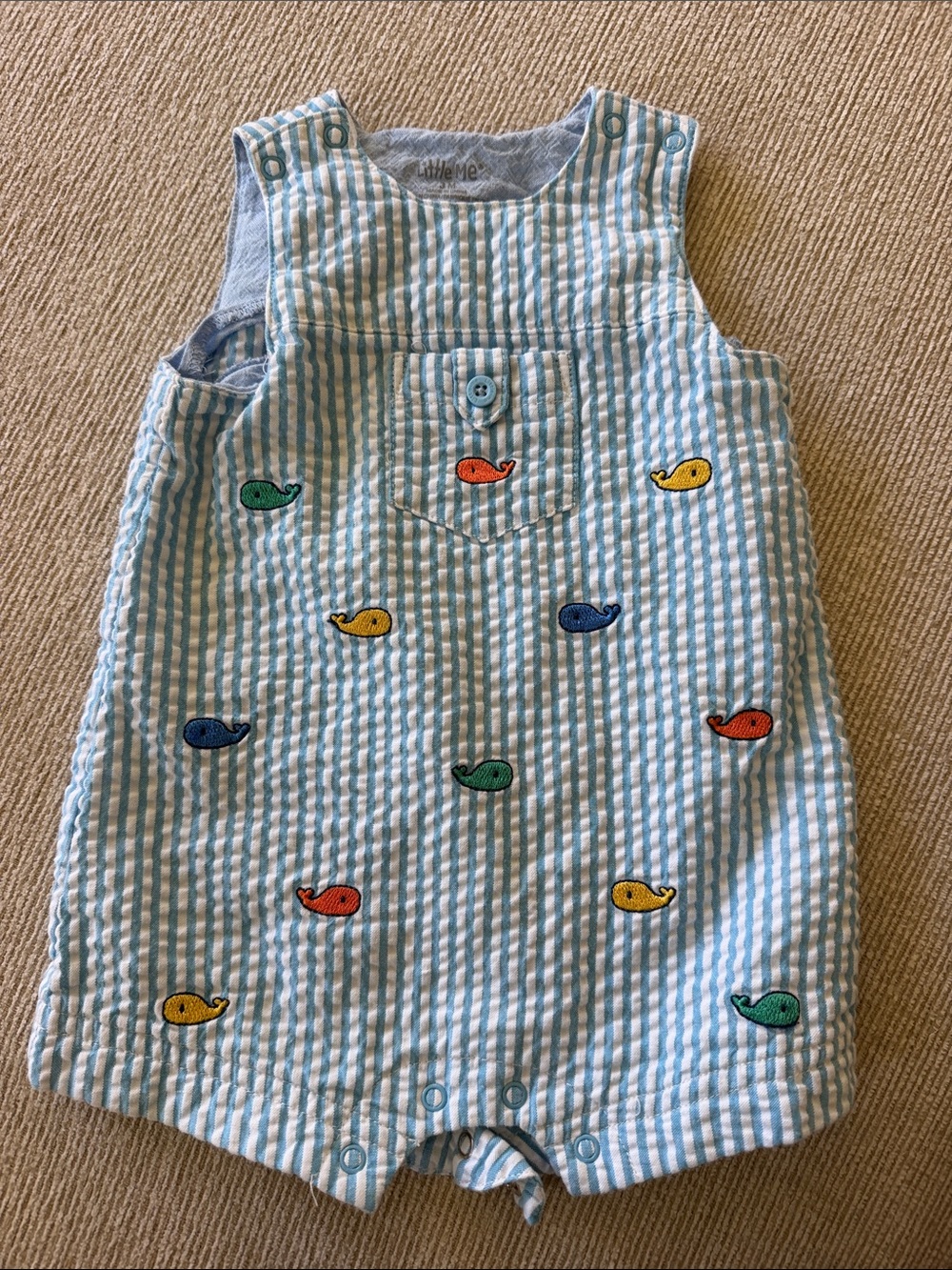 Little Me Seersucker Baby Romper with Colorful Whale Embroidery